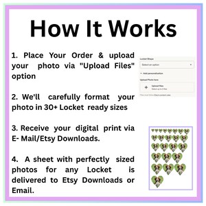 May include: A graphic with the title "How It Works" and numbered steps explaining the process of ordering a custom locket photo. Includes a preview of locket-sized photos and an upload photo option.
