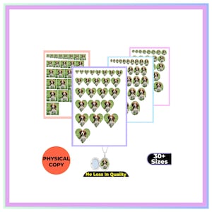 May include: Sheets of stickers featuring a dog in various shapes and sizes, including hearts and circles. The image also shows a locket with a dog photo and text that reads "Physical Copy" and "30+ Sizes".