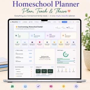 May include: A digital homeschool planner interface titled BloomNest V2.0 displayed on a laptop screen. The dashboard features sections for lessons, attendance, reading, and family progress, with icons and text for planning, tracking, and printing.