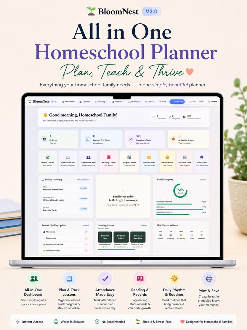 May include: A digital homeschool planner interface titled BloomNest V2.0 displayed on a laptop screen. The dashboard features sections for lessons, attendance, reading, and family progress, with icons and text for planning, tracking, and printing.