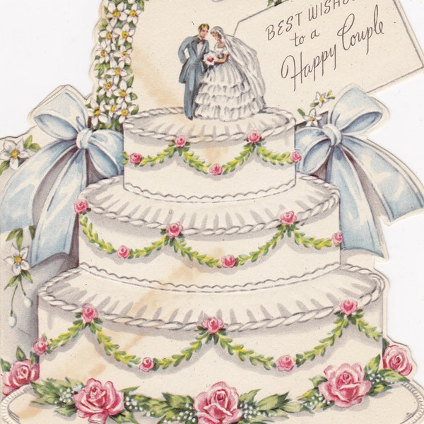 Best Wishes to a Happy Couple- Wedding Cake- 1940s Vintage Greeting Card