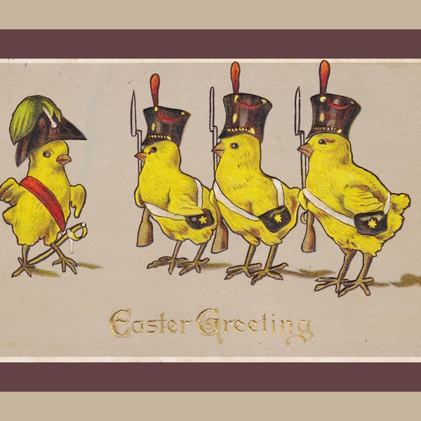 Easter Chicks Military Parade- 1910s Antique Postcard- Napoleon Style- Edwardian Easter Decor- Anthropomorphic- Paper Ephemera Used