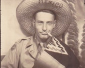 Down in Mexico- Smoking Man- Sombrero and Serape- Photo Booth Souvenir- 1940s Vintage Photograph