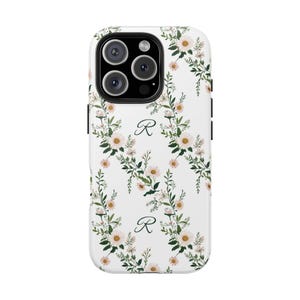 Personalized Floral Initial Tough Phone Case, Monogram Cover for iPhone 16 15 14 13 12 SE Max Pro - Samsung Galaxy S24 Tough Phone Cases