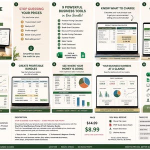 May include: A digital SmartPrice small business pricing and profit calculator bundle featuring ten instructional panels. The layout displays spreadsheet interfaces on laptop screens, charts, and text lists detailing tools for tracking costs, profit margins, and sales.