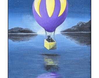 Original Acrylic Painting, Purple Yellow Hot Air Balloon, Night Sky Lake Art 11x14