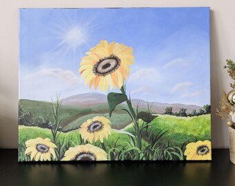 Hillside Sunflowers – 16x20 Acrylic Floral Painting, Original Sunflower Wall Art, Nature Decor