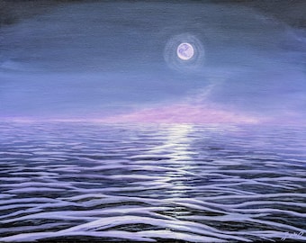 Maanverlichte drift | Origineel 11 x 14 acryl zeegezicht schilderij | Muurkunst kust