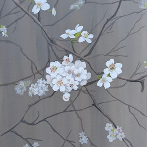 May include: An oil painting depicting white blossoms on brown branches against a grey backdrop. The flowers have yellow centres and pink accents. The branches are intertwined, creating a natural, organic design.