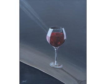 Wine Glass Painting – 11x14 Acrylic Still Life on Canvas, Red Wine Wall Art