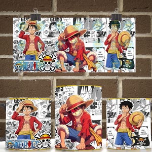 May include: A ceramic mug featuring a collage of Monkey D. Luffy from One Piece. The design includes manga panels, the One Piece logo, and a skull and crossbones emblem. Luffy is depicted in his signature straw hat, red shirt, and blue shorts.