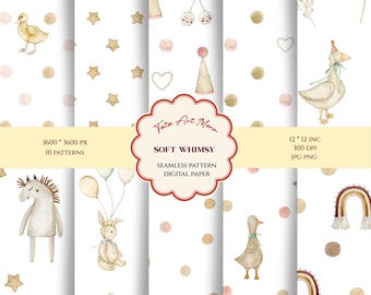 Motivi senza soluzione di continuità - Carta digitale per neonati - Animali del bosco - Clipart neutre per cameretta dei bambini - Motivi a pois - Carta a stelle - Baby shower