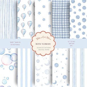 Op de afbeelding: Een verzameling blauwe aquarel digitale papieren met verschillende patronen. Ontwerpen omvatten strepen, luchtballonnen, sterren, ruitjes, stippen en manen. De tekst luidt "BOYS NURSERY" en "SEAMLESS PATTERN DIGITAL PAPER".