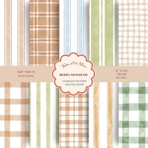 Puede incluir: Una colección de papeles digitales de acuarela con varios patrones, incluyendo rayas y cuadros de vichy en tonos marrón, verde y azul. La imagen incluye el texto "BOHO GINGHAM" y "SEAMLESS PATTERN DIGITAL PAPER". Los papeles miden 30,48 x 30,48 cm.