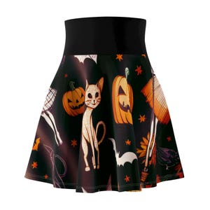 Halloween Cat Skater Skirt, AOP Women&#39;s Skirt, Festive Fall Fashion, Cute Halloween Outfit, Halloween Party Wear, Halloween Costume