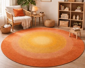 Alfombra redonda de lana Sunset Glow - Alfombra abstracta con degradado hecha a mano - Alfombra circular con sol naranja quemado y amarillo - Alfombra personalizada con mechones hechos a mano