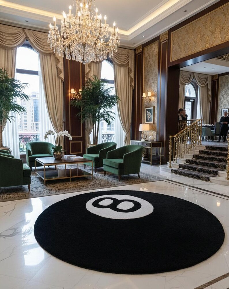 Round Rug With Pool Table Round 8 Ball Rug – Black Statement Area Rug, Pool Table Decor, Modern ...