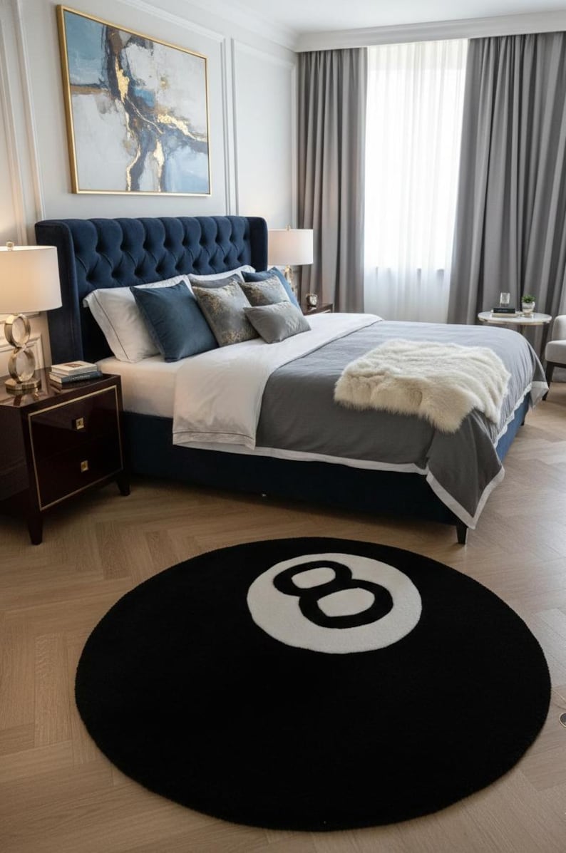 Round Rug With Pool Table Round 8 Ball Rug – Black Statement Area Rug, Pool Table Decor, Modern ...