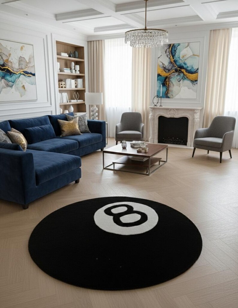 Number 8 Rug Round 8 Ball Rug – Black Statement Area Rug, Pool Table Decor, Modern ...