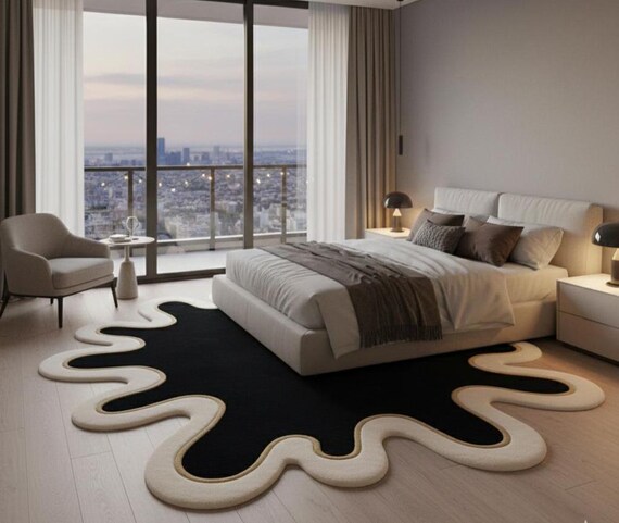 Abstract Black and Ivory Rug – Modern Sculptural Organic Carpet