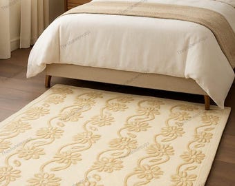 Alfombra de mezcla de lana tejida a mano: Alfombra beige con relieve floral de 2,4 x 3 m