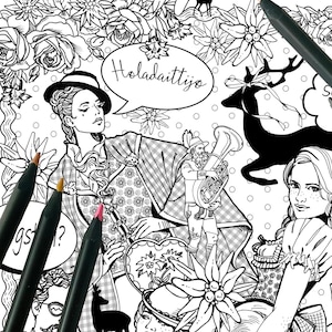 May include: Black and white coloring page with the word "Schpatzl" at the top. The page features illustrations of people in traditional Bavarian clothing, speech bubbles, and floral elements. Several black pencils with colored tips are on the page.