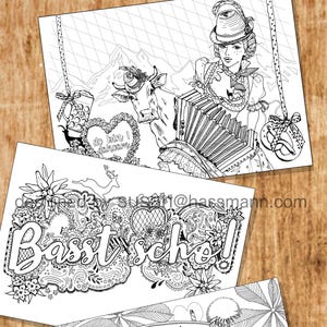May include: Three black and white line art illustrations on paper. The top image features a woman playing an accordion, a cow, and a mountain backdrop. The middle image says "Basst scho!". The bottom image shows a dog at a beer garden.