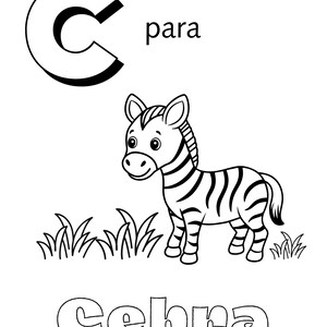 May include: Black and white illustration of a zebra with the letter "C" and the word "para" above it. The word "Cebra" is written below the zebra. The zebra is standing in grass.