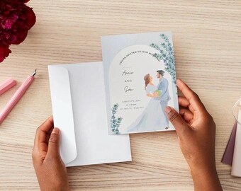 Faire-part de mariage aquarelle eucalyptus : design minimaliste moderne (téléchargement numérique)