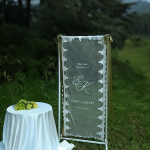 Classy Sheer Lace Wedding Welcome Sign on Veil: Clear Tulle Fabric, Customizable Fabric Banner