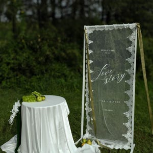 Romantic Sheer Lace Sign Wedding Welcome: Fabric Ceremony Banner with Transparent Clear Tulle Fabric