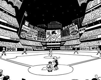 Op de afbeelding: Zwart-witte illustratie van een honkbalwedstrijd 's nachts. Het stadion zit vol met fans en de spelers zijn in actie op het veld. Het scorebord toont de score en de namen van de spelers. De tekst op het scorebord luidt "The Stadium", "Boogie Down", "Boss IV", "Dogs", "Beer", "At Bat 99", "Bronx", "Joltin Joe's", "The Babe", "Bleacher Creature", "October", "Bern Baby Bern", "Warrior Cerveza!" en "Arthur Ave The Wiz".
