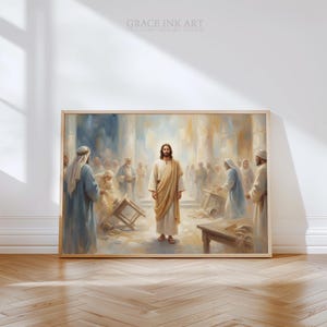 The image is a painting of Jesus Christ surrounded by a group of people, with the central figure being Jesus himself.