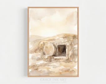 Empty Tomb Painting Easter. Stone Rolled Away. Jesus Resurrection Wall Art Poster, He Is Not Here For He is Risen. Printable Jesus Painting
