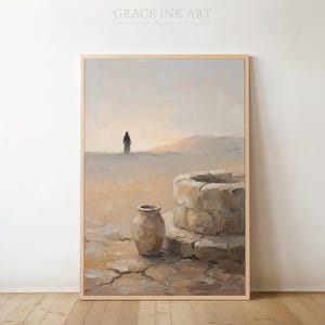 The image is a painting depicting a desert landscape with a solitary figure standing near a well.