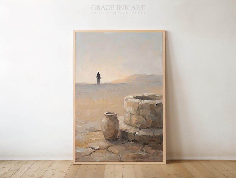 The image is a painting depicting a desert landscape with a solitary figure standing near a well.