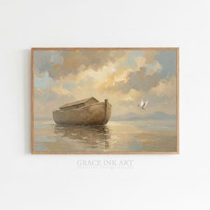 Noahs Ark and Dove. Christian Wall Art. Genesis 8 Olive Branch After the Great Flood Old Testament. Oil Painting Faith Decor Digital Print