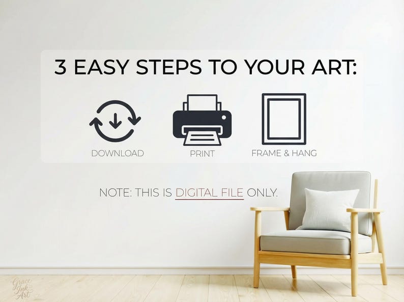 The image is a wall decal with instructions for creating a digital art piece, accompanied by a chair in the foreground.