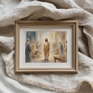 The image is a framed painting depicting a religious scene with Jesus Christ surrounded by people.