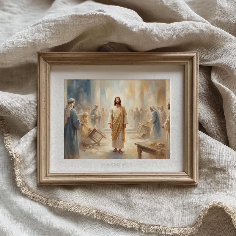 The image is a framed painting depicting a religious scene with Jesus Christ surrounded by people.