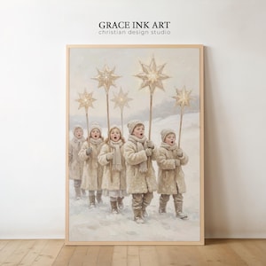 Christmas Carolers. Vintage Boho. Children in Snow Print. Star Lantern. Christian Gift. Printable File.Oil Painting Children. Christmas Star