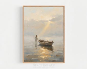 Peter Walks on Water Art. Christian Poster. Design Boho Minimal style. Jesus Christ Faith in the Storm. Bible Story Print. Digital Download