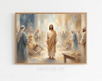Holy Monday. Jesus Cleansing the Temple Art. Oil Jesus Painting. Christian Easter Wall Digital Print. Holy Week Scripture Art