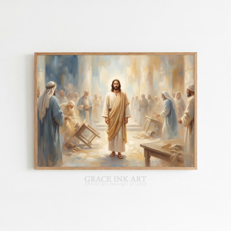 The image is a painting depicting Jesus Christ surrounded by a crowd of people, with some of the people holding up a table.