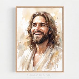 Glimlachend Jezusportret. Gelukkige Jezus Christus. Christelijke kunst aan de muur. Jezus Christus schilderij. Faith LDS-kunstprint, digitale download
