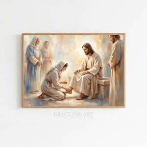 May include: A framed print of a religious scene. A person kneels, washing the feet of another person seated on a stone bench. Other figures stand nearby. The artwork is in soft, warm tones, with the text "GRACE INK ART" at the bottom.