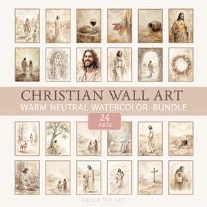 May include: A collection of 24 watercolor art prints with Christian themes. The artwork features warm neutral tones and depicts various biblical scenes. The text "CHRISTIAN WALL ART" and "WARM NEUTRAL WATERCOLOR BUNDLE" are displayed. The prints are from Grace Ink Art.
