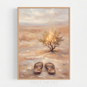 Burning Bush And Sandals. Moses Bible Miracle Scene. Beige Minimalist Oil Art. Faith Art Home Decor. Christian Wall Art. Digital Print. LDS