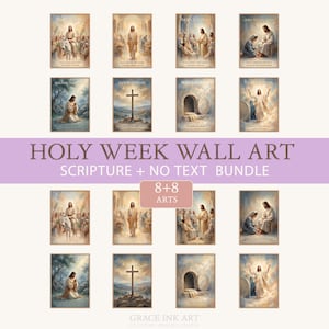 Może przedstawiać: Zestaw 16 religijnych wydruków artystycznych przedstawiających sceny z Wielkiego Tygodnia. Grafika zawiera wizerunki Jezusa, krzyży i wydarzeń biblijnych. Wydruki są w formacie pionowym, odpowiednie do dekoracji ścian.