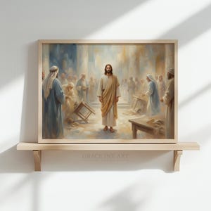 The image is a painting of Jesus Christ surrounded by a crowd of people, with some of the people holding up a table.